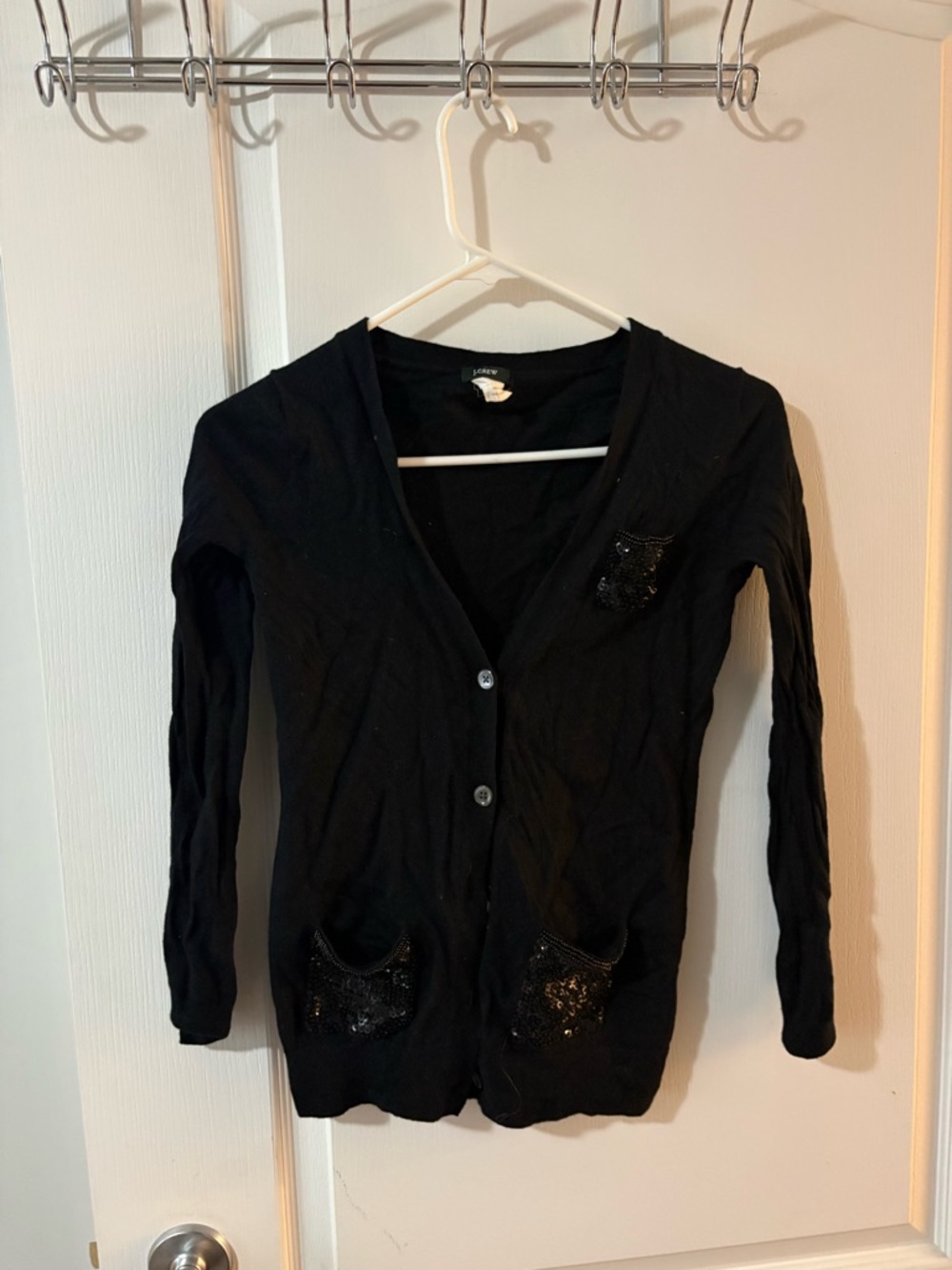 J.Crew Black Merino Wool Cardigan Sequin Pockets V-Neck Size Small